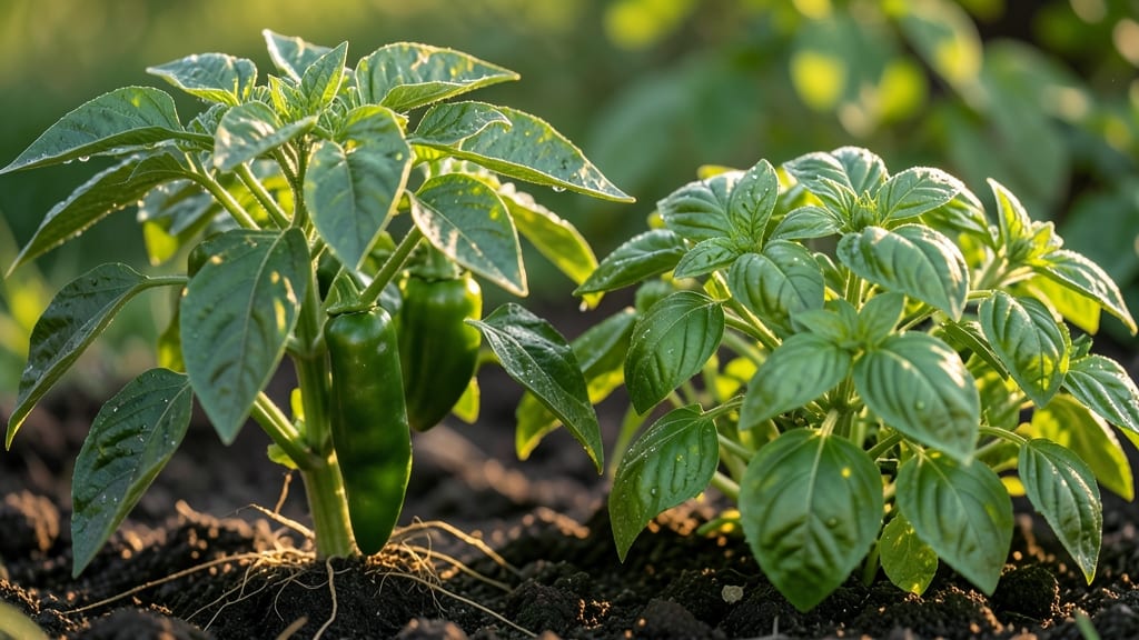 Basil Plants Near Jalapenos