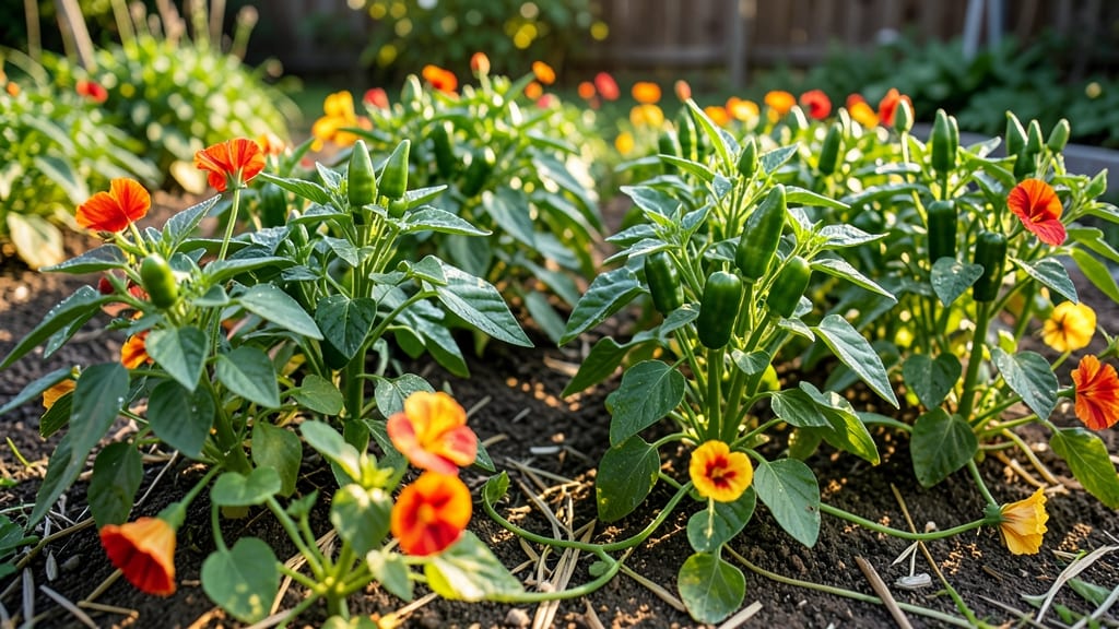 Nasturtiums Between Pepper Rows