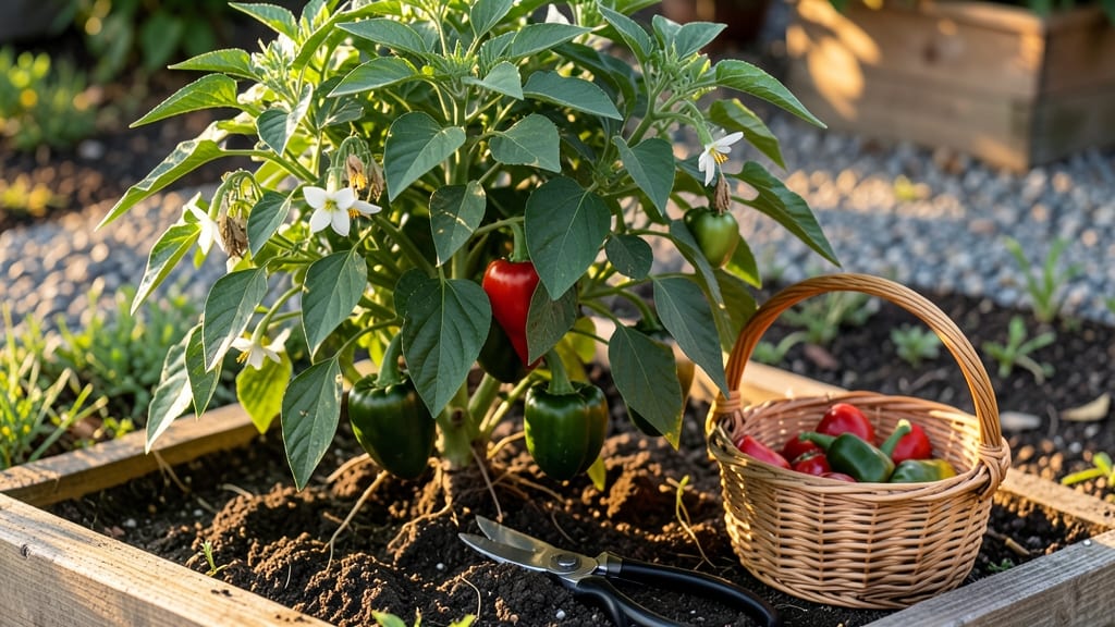 Green Pepper Harvest: Pole-Trained Abundance in Compact Gardens Without Bitterness