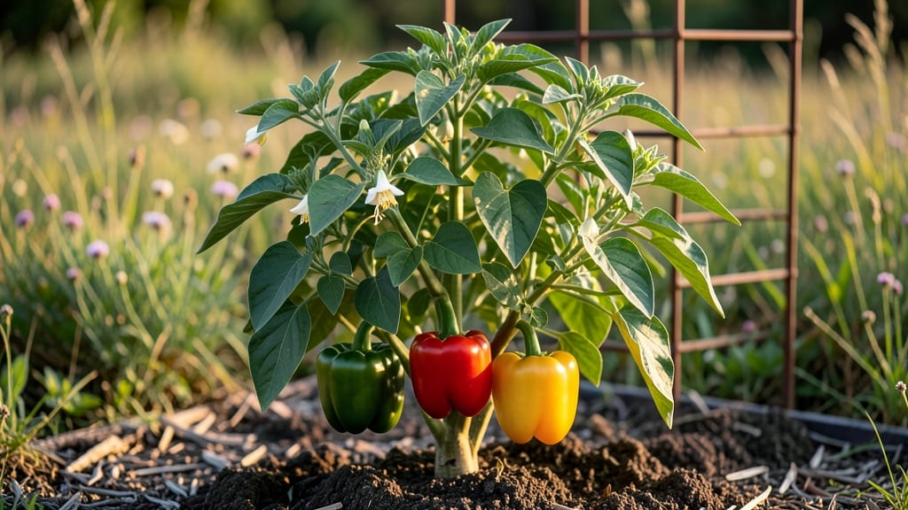 Healthy Bell Pepper Plants: Pole-Trained Abundance in Small Spaces Without Bitterness